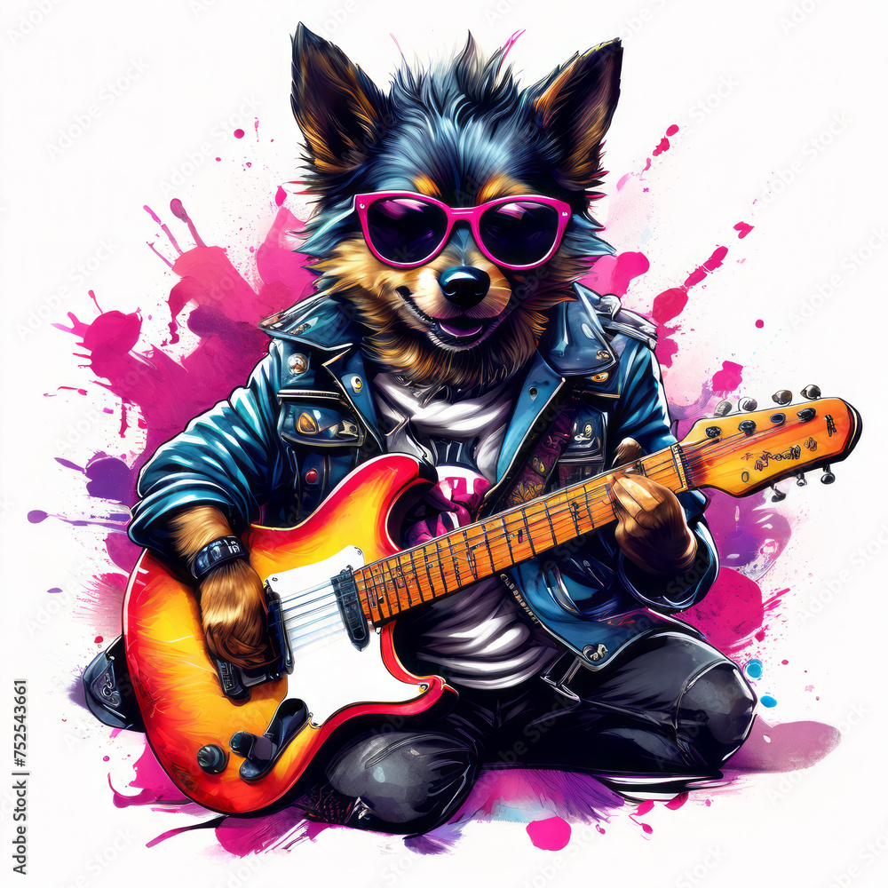 rock star dog play with guitar created with generative AI software