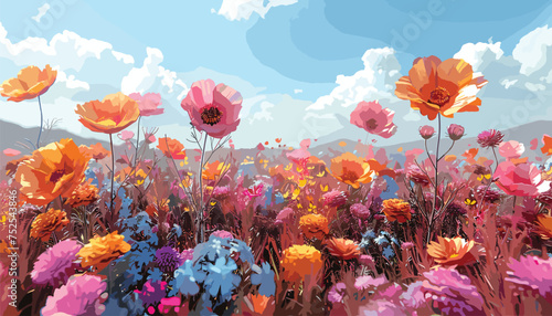3D Rendered Flower Fields, 3D rendering, flower field visualization, digital floral landscapes vector illustration background
