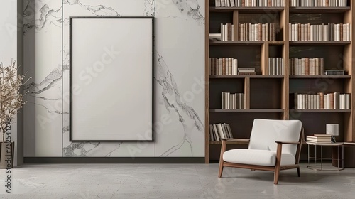 a modern library room  characterized by its minimalistic aesthetic and warm color palette of white  gray  and beige  an empty vertical photo frame on the wall  inviting high-detail mockup realism