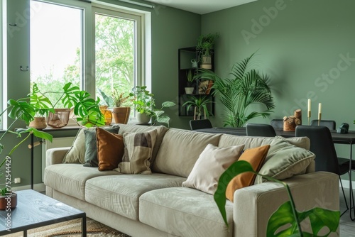 Calm Living Room with Muted Green Walls and Nature Views © romanets_v