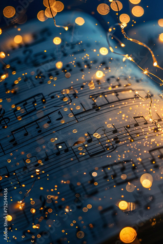 Old aged music score with shimmering gold particles and twinkling lights and bokeh effect on a blue background.