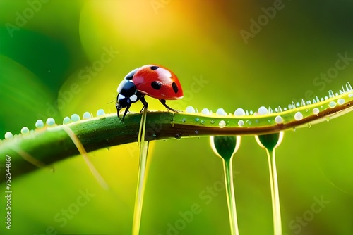 macro close up photography of a ladybug, insect photography, blurred background, sun rays created with generative ai technology © Alena Yakusheva