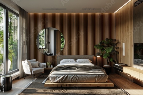 Stylish Bedroom with Wooden Slat Wall and Pendant Lights