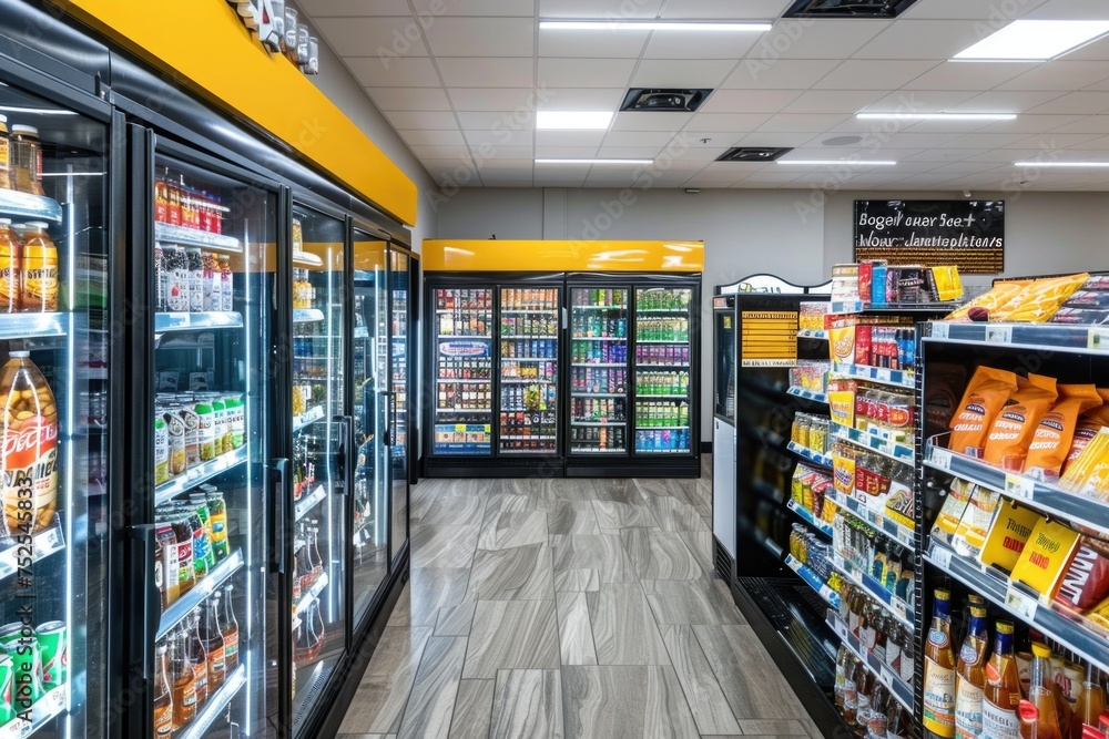 Convenience Store Interior with Assorted Beverages and Snacks