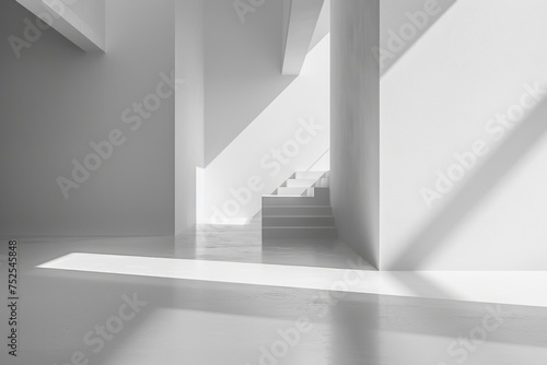 Modern White Room with Geometric Shadows Casting Through Grid Windows