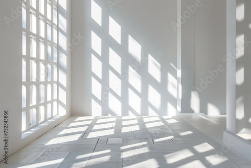 Modern White Room with Geometric Shadows Casting Through Grid Windows