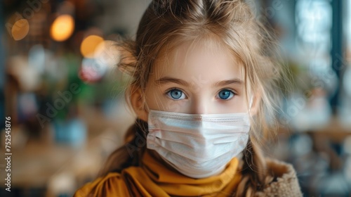 A young girl with striking blue eyes wears a protective face mask, gazing directly into the camera with a poignant expression, representing the new normal in a pandemic-affected world.