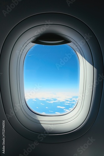 Airplane Window View High Above the Clouds and Ocean