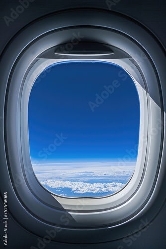 Airplane Window View High Above the Clouds and Ocean