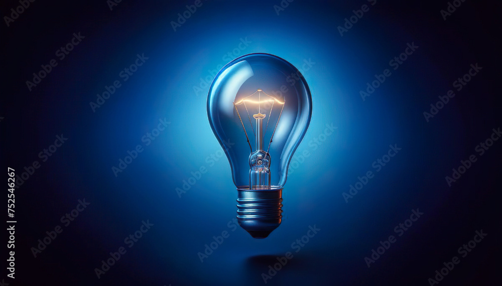 A glowing light bulb radiates brilliance against a serene blue background A glowing light bulb radiates brilliance against a serene blue background