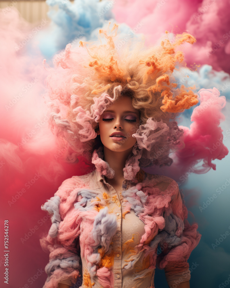 A happy and cheerful young girl with wild curly hair covered in colorful smoke and dust around her head and face, with lively, vibrant, and crazy colors.