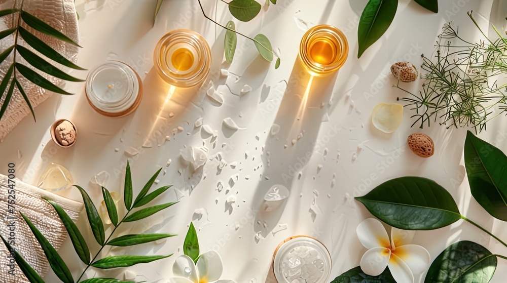 a flat lay photo of wellness aroma spa essentials, set against a template background, offering ample space for text or branding.