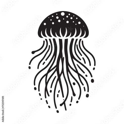 Fluid Tranquility: Vector Jellyfish Silhouette - Capturing the Graceful Movement and Ethereal Beauty of Underwater Life. Minimalist black vector illustration.