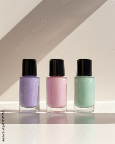 Frontal view of nail polish bottles, lavender, mint green, soft pink, pale yellow, and sky blue colors, celebrating the delicate beauty of spring flowers in a pastel rainbow