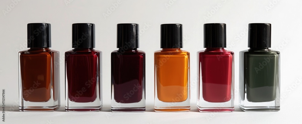 Frontal view of nail polish bottles standing on a pure white background, each filled with autumnal shades: deep burgundy, burnt orange, and forest green. Frontal view of nail polish bottles standing on a pure white background, each filled with autumnal shades: deep burgundy, burnt orange, and forest green.