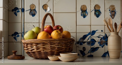 Compose an image of a handsomely arranged fruit basket on a kitchen countertop, with a background that includes kitchen utensils and a cutting board. -AI Generative © Sbahat