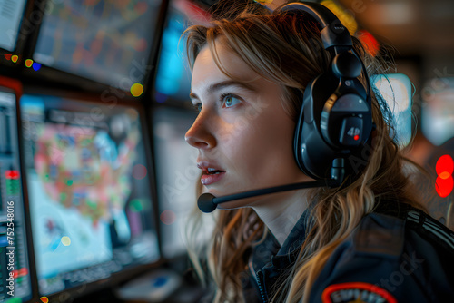 a united states emergency services call dispatcher speaking into their headset and with tracking maps on the screens photo