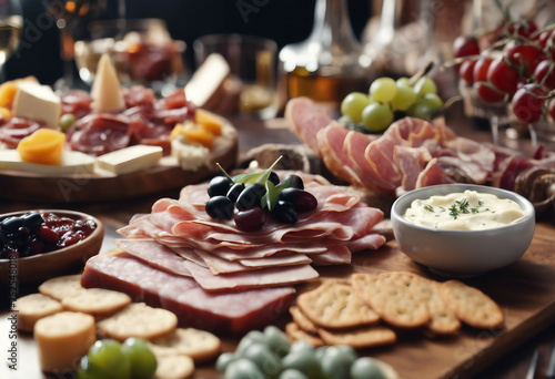 Indulge in a Rich Spread  Explore an Array of Cheese  Antipasti  Charcuterie  Snacks  Sausages  Ham  Tapas  and Plump Black Olives  Perfect for Every Appetite