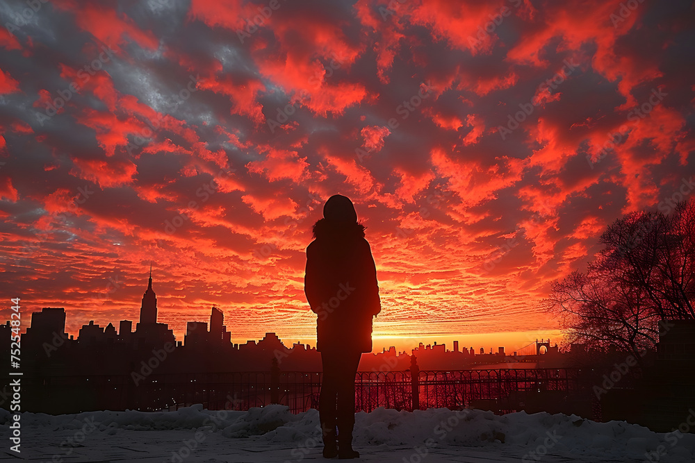 Fototapeta premium Person Standing in Snow at Sunset