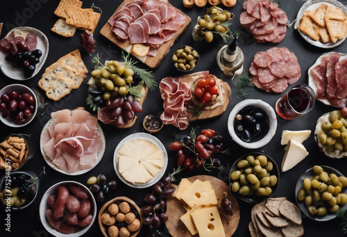 Delight in a Delectable Spread  Ham  Charcuterie  Snacks  and Wine. Featuring Sausage  Tapas  Olives  and Cheese