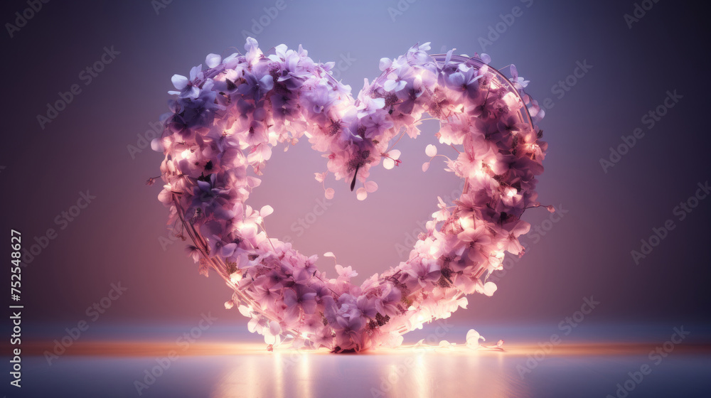 Creative hoop in the shape of a romantic heart adorned with fresh blooming spring flowers, featuring warm, lively, strong, red, purple, pink colors, in the spirit of Valentine's Day. Creative hoop in the shape of a romantic heart adorned with fresh blooming spring flowers, featuring warm, lively, strong, red, purple, pink colors, in the spirit of Valentine's Day.