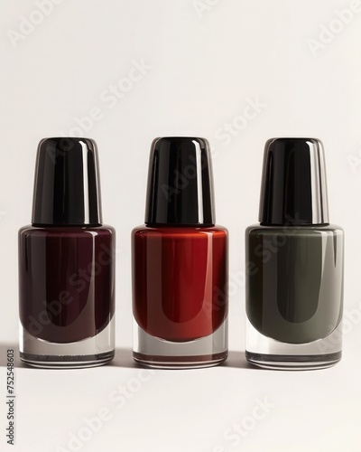 Frontal view of nail polish bottles standing on a pure white background, each filled with autumnal shades: deep burgundy, burnt orange, and forest green.