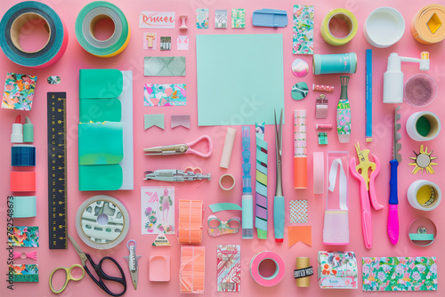 A colorful assortment of art supplies including scissors, tape, and rulers. Concept of creativity and organization, as the various items are neatly arranged on a pink background