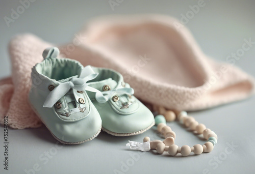 Baby shoes bib and teether on pastel background Organic newborn accessories photo