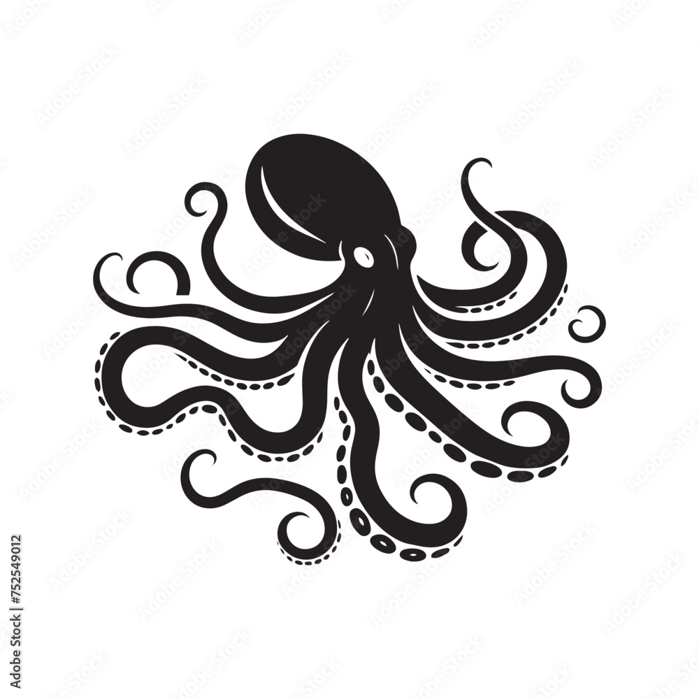 Ink and Arms: Vector Octopus Silhouette - Capturing the Elegance and Mystique of the Ocean's Intelligent Invertebrate. Minimalist black octopus illustration. Ink and Arms: Vector Octopus Silhouette - Capturing the Elegance and Mystique of the Ocean's Intelligent Invertebrate. Minimalist black octopus illustration.