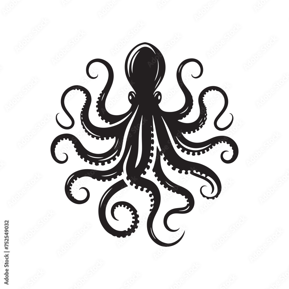 Ink and Arms: Vector Octopus Silhouette - Capturing the Elegance and Mystique of the Ocean's Intelligent Invertebrate. Minimalist black octopus illustration.