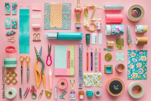 A colorful assortment of art supplies including scissors, tape, and rulers. Concept of creativity and organization, as the various items are neatly arranged on a pink background