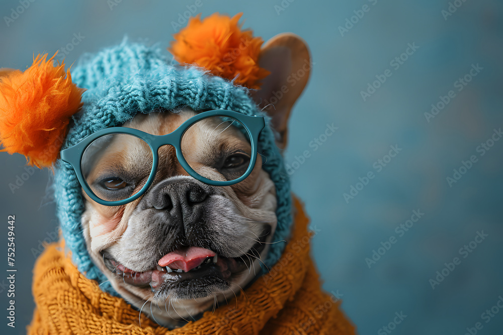 Dog Wearing Glasses and Knitted Hat
