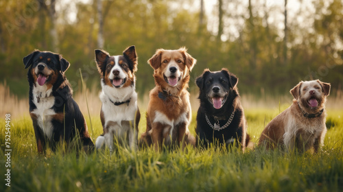 several dogs sit on the grass and bask in the sun's rays