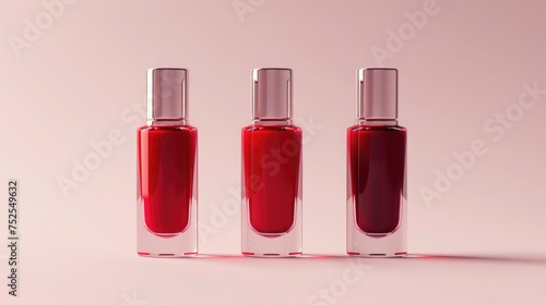 Frontal view of nail polish bottles standing on a pure white background, each filled with a different shade of red. © Татьяна Креминская