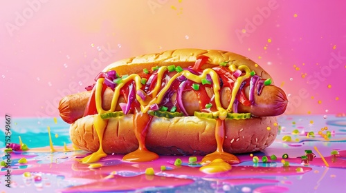 Hot-dog pokryty ketchupem i musztardą na różowym tle, z posypką, w stylu vaporwave.