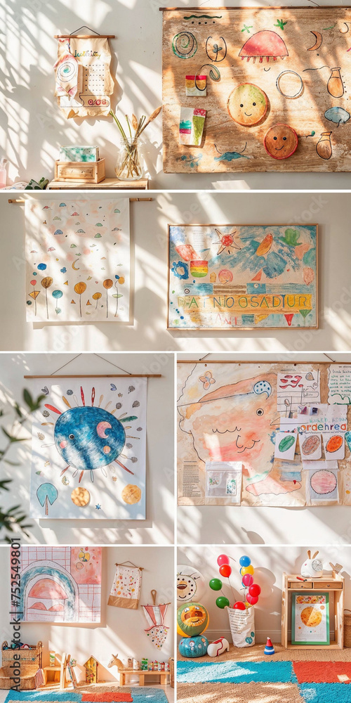 Kindergarten / daycare / childcare centre wall art, children's art on the wall. Themes: innocence, art, creativity, childhood, children, kids, learning, school, preschool, boho, growth, simplicity