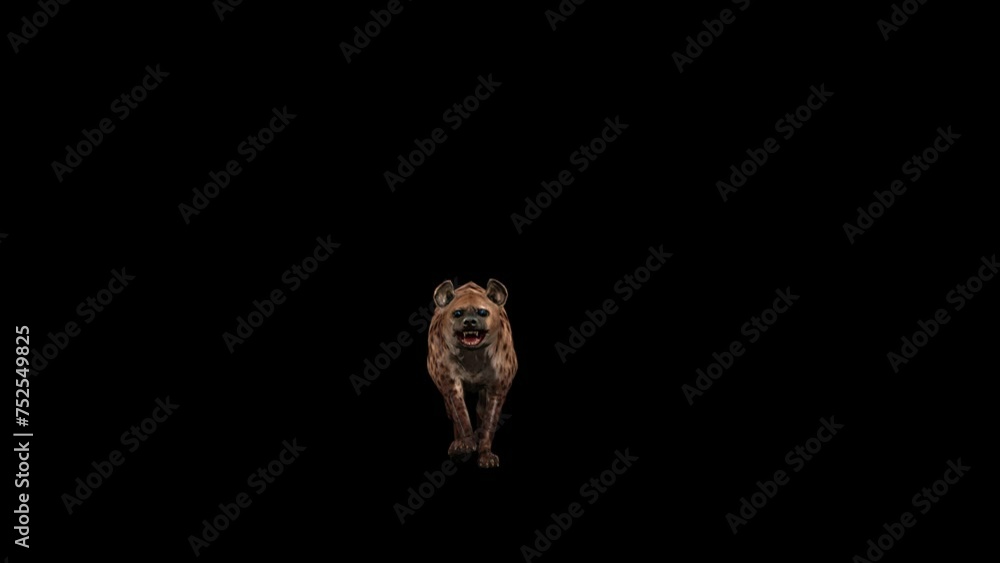 3D Hyena fast run with front view on black background, 4k animation