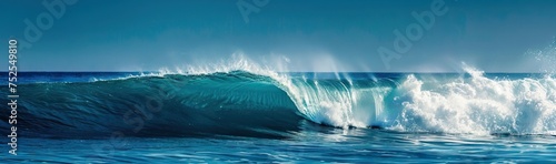 ocean-view seascape landscape Big surfing ocean wave with slightly cloudy sky and the sun. AI generated illustration