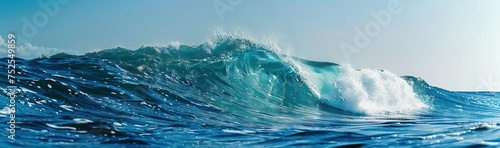 ocean-view seascape landscape Big surfing ocean wave with slightly cloudy sky and the sun. AI generated illustration