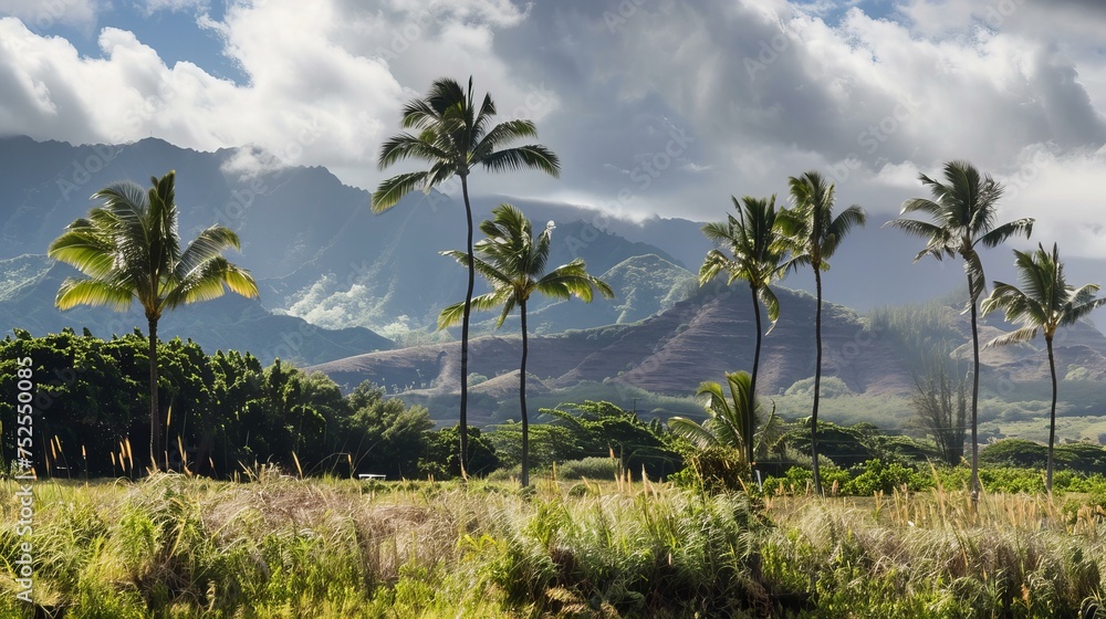 hawaiian landscape with greenery, mountains, ocean and palm trees