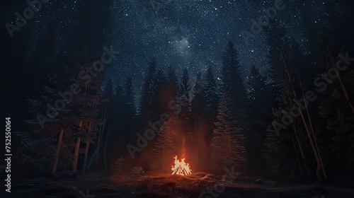 a small campfire flickering in front of the dark abyss of a pine forest  under a starry night sky.