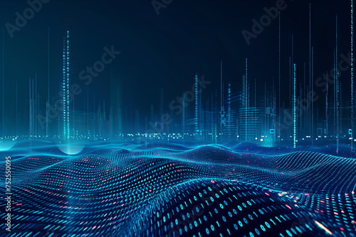 Abstract digital landscape with flowing particles and city skyline