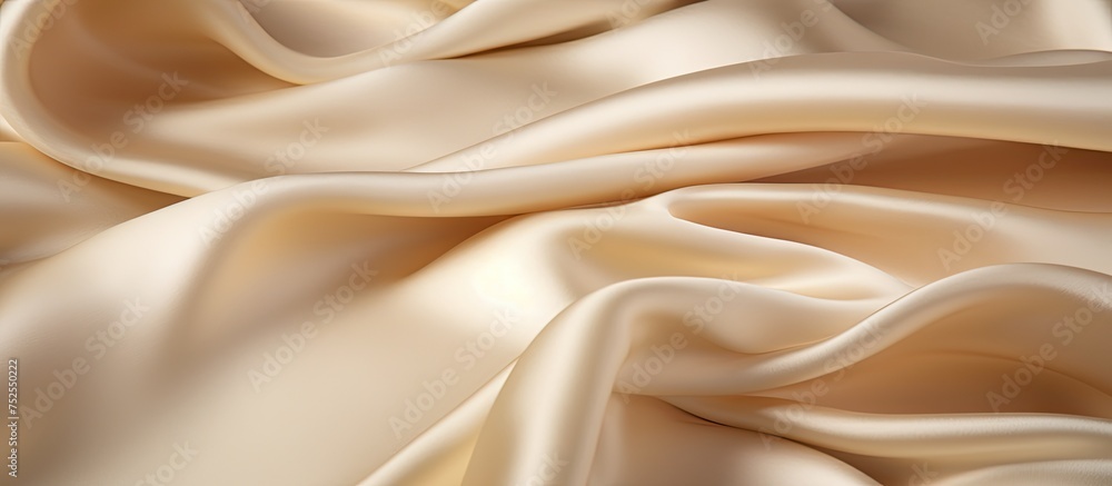 Obraz premium This close-up view showcases the intricate details and textures of a white and beige fabric, highlighting its smooth matte finish. The beige golden silk fabric is known for its durability and