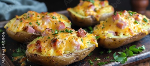 Delicious tray of baked potatoes with savory ham and gooey melted cheese on top