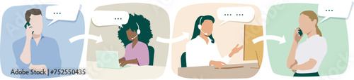 Communication between four people with each other through a telephone call. Horizontal composition.