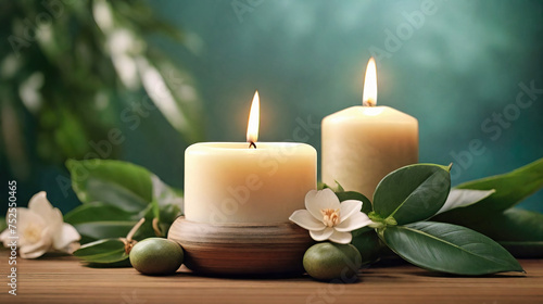 Spa Concept - Massage Stones With Candle And Flowers. Generative AI.
