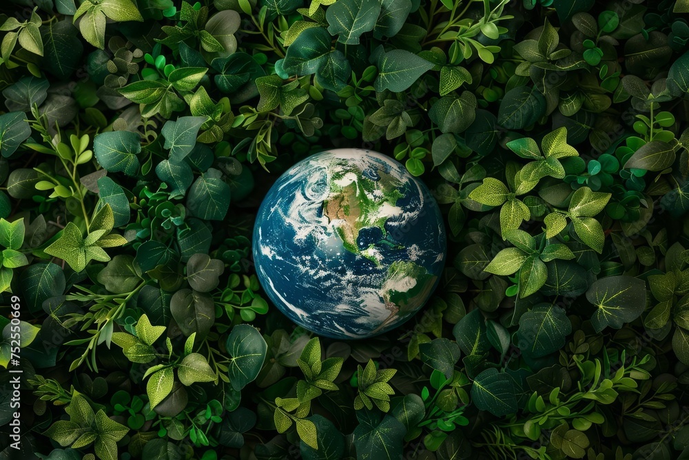 Spherical representation of the earth Surrounded by green foliage Symbolizing a global commitment to environmental sustainability and protection Spherical representation of the earth Surrounded by green foliage Symbolizing a global commitment to environmental sustainability and protection
