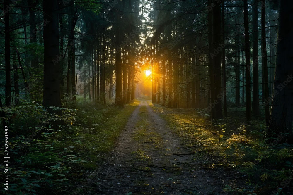 Sunrise peering through a dark forest Illuminating a path