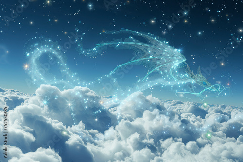 A celestial dragon, ethereal and wise, floats above the clouds. Its serpentine body twists, forming constellations. Stars trail behind it, leaving stardust in its wake.
