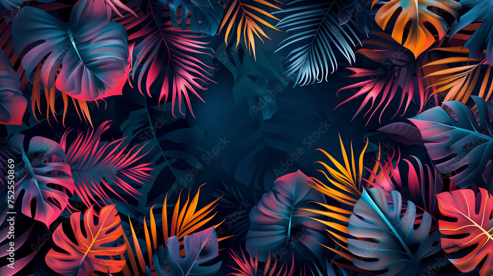 Modern layout with tropical colorful leaves in the dark background Modern layout with tropical colorful leaves in the dark background